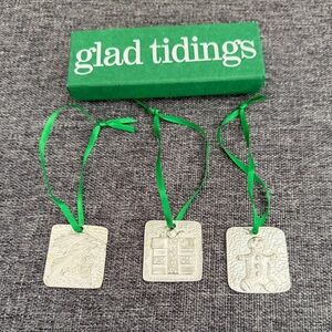Vilmain Vintage 2002 Square Pewter Christmas Ornaments Set of 3 Glad Tidings Box